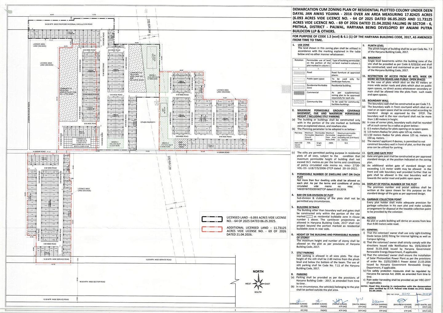 Supplied demarcation-cum-zoning plan showing plot blocks, roads and zoning notes